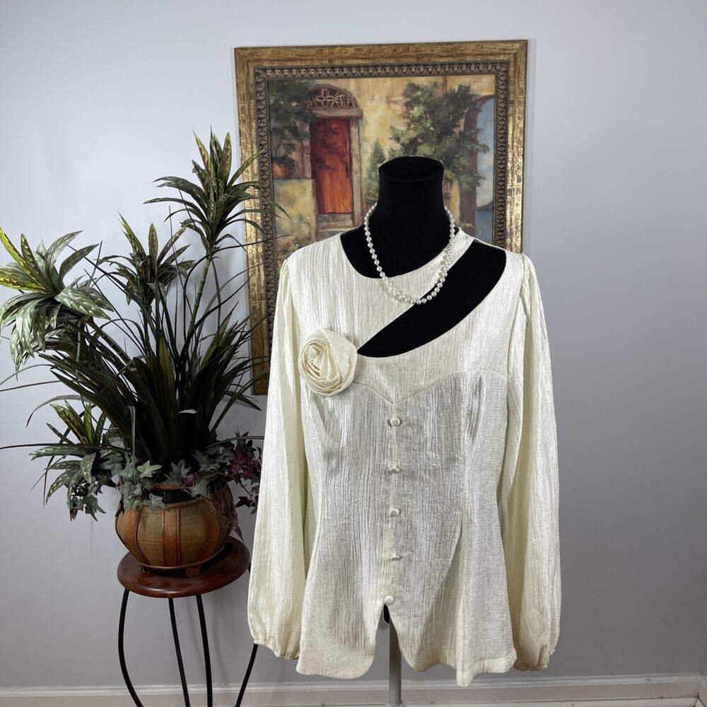 SHEIN Curve 3XL Beige Cutout Blouse Floral Accent Long Sleeve Top Plus Boho